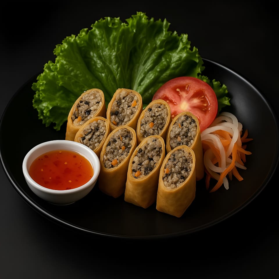 Koo Thai spring rolls with sweet chili sauce, lettuce, tomato, and pickled vegetables on a black plate.