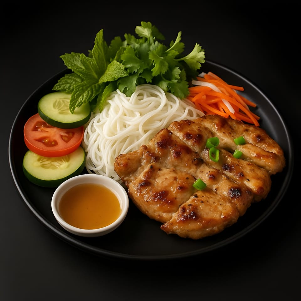 Grilled chicken with rice noodles, fresh herbs, cucumber, tomato, and shredded carrots on a black plate.