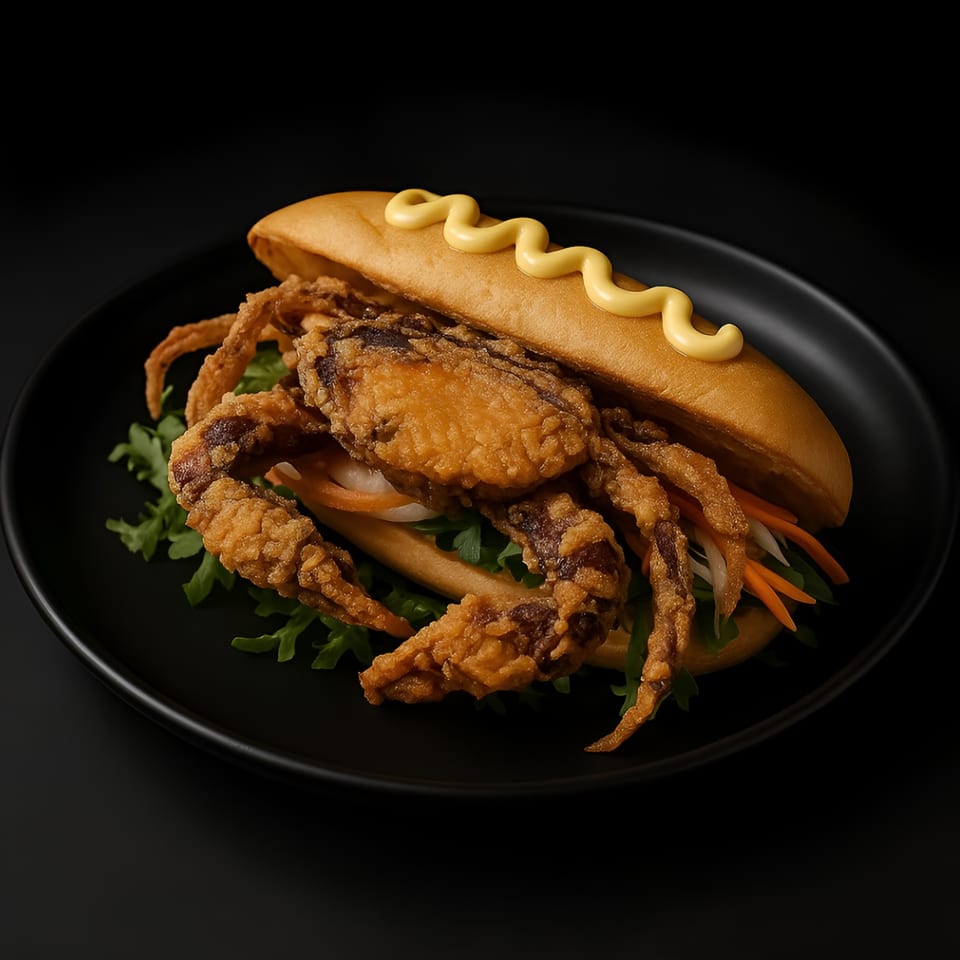 Crispy fried soft-shell crab sandwich with vegetables and mustard on a black plate.