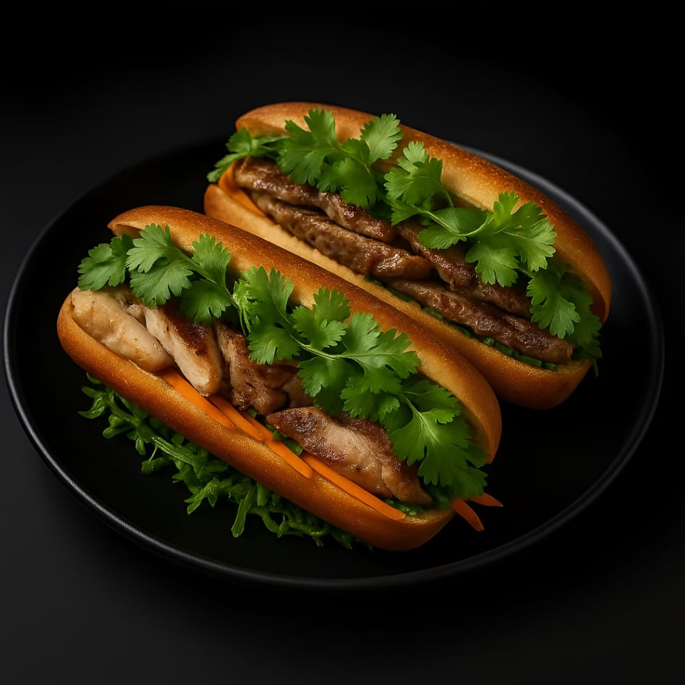 Two Koo Thai banh mi sandwiches, one with chicken and one with beef, on a black plate.