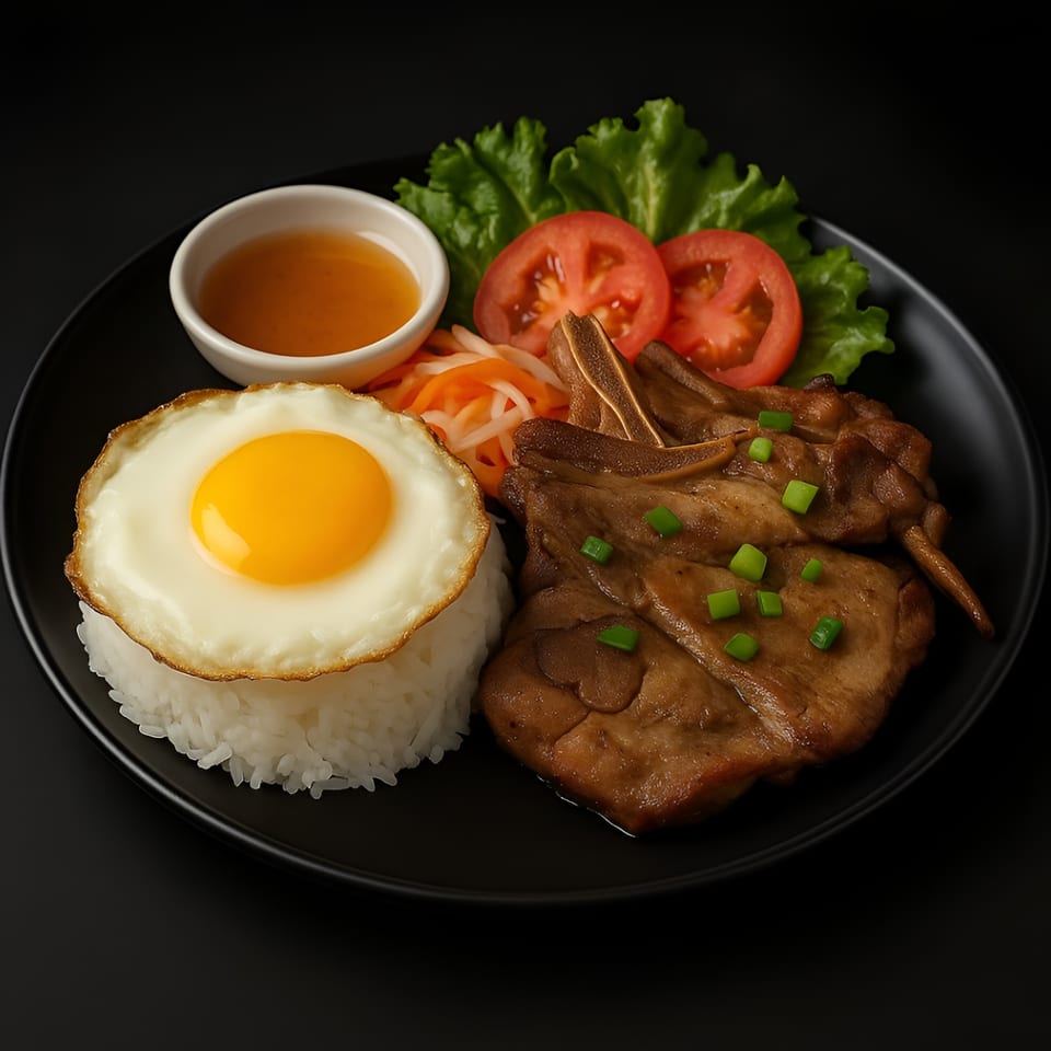 Grilled pork chops with rice, fried egg, pickled vegetables, and sauce on a black plate.